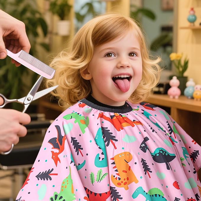 Gealaek Kids Haircut Cape and Comb Set Professional Barber Haircombs and Girls Dinosaur Hairdresser Apron with Adjustable Closure 55x40 Inches Salon Kit (Pink)