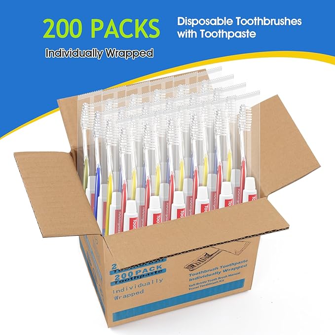 Homvle 200 Packs Disposable Toothbrushes with Toothpaste, Individually Wrapped Travel Toothbrush and Toothpaste Buld for Travel Size Toiletries, OCC, Airbnb, Dentist, Office/4 Colorful