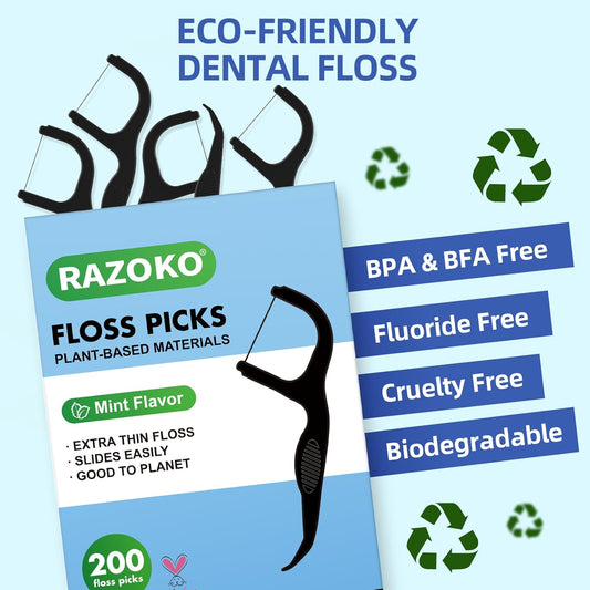 RAZOKO Biodegradable Dental Floss Picks, Charcoal Toothpick Stick Soft On Gum & Teeth, Plant Based Dental Floss Picks for Adults & Kids, 100 Count Mint