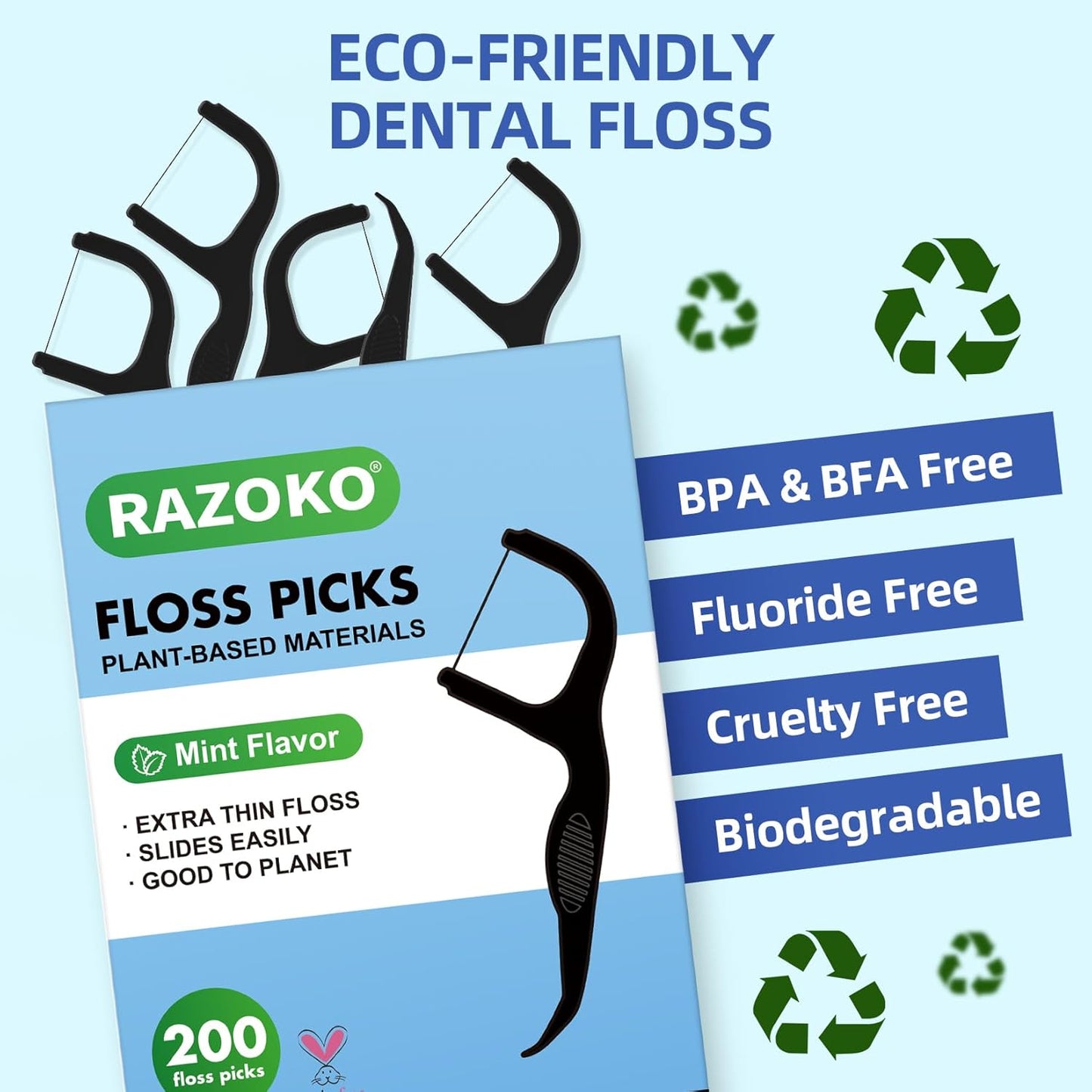 RAZOKO Biodegradable Dental Floss Picks, Charcoal Toothpick Stick Soft On Gum & Teeth, Plant Based Dental Floss Picks for Adults & Kids 200 Count