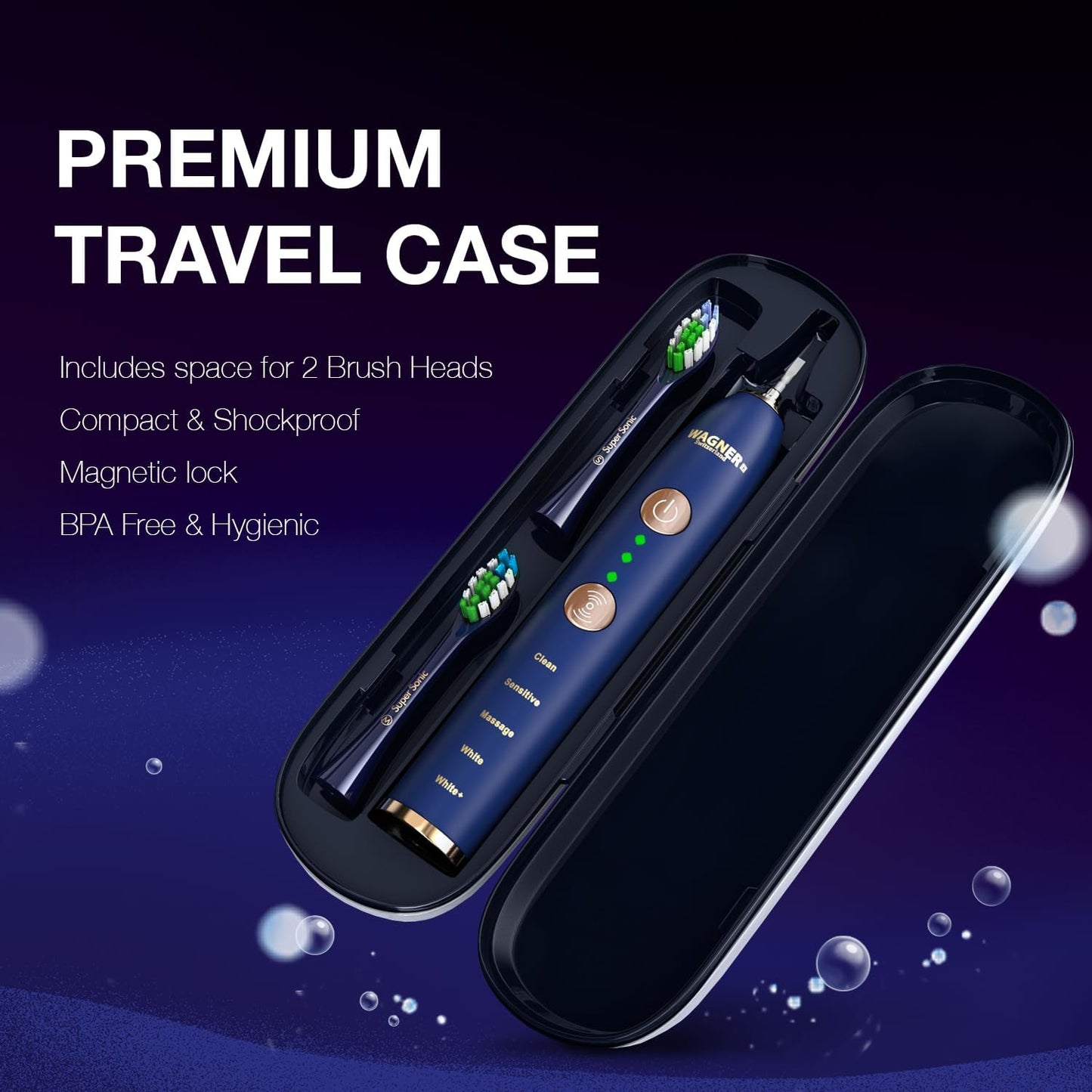 Wagner Stern WHITEN+ Edition. Whitening Electric Toothbrush with Pressure Sensor. Offers 5 Brushing Modes, 3 intensities, 8 Soft Brush Heads, and a Luxury Travel case. (Royal Blue)