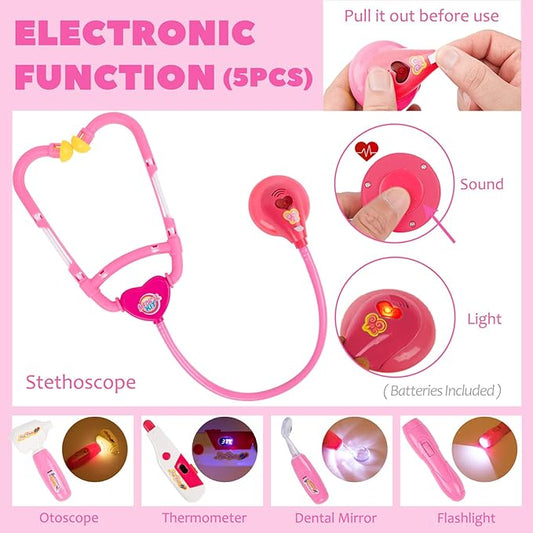 Liberry Doctor Kit for Toddlers 3 4 5 Years Old, Kids Doctor Play Set for Girls Boys Toy, Pretend Play Medical Kit with Stethoscope & Costume for Christmas Birthday Gift Pink