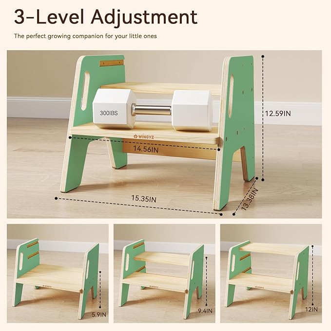 Wingyz Wooden Toddler Step Stool, Adjustable Kids Step Stool, 3-Level Height Stepstool for Bathroom Sink, Kitchen, Bedroom,Potty Training
