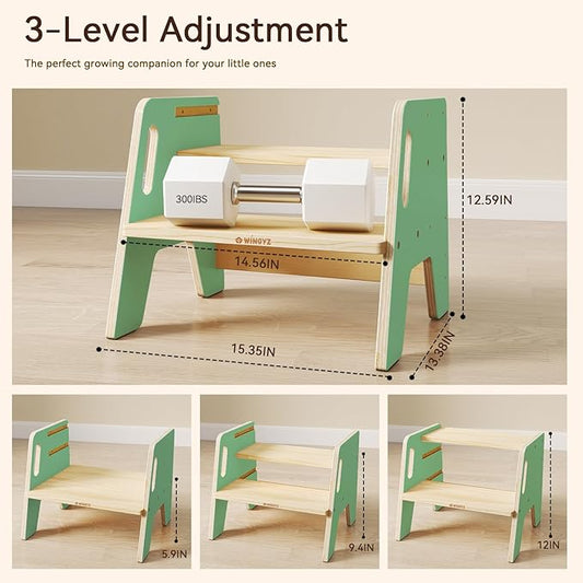 Wingyz Wooden Toddler Step Stool, Adjustable Kids Step Stool, 3-Level Height Stepstool for Bathroom Sink, Kitchen, Bedroom,Potty Training