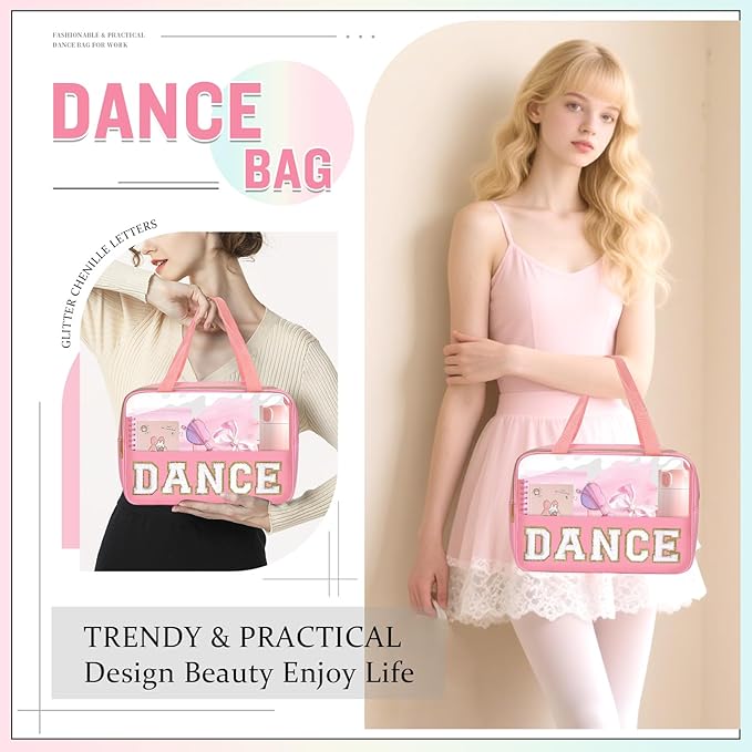 Dance Bag for Girls Chenille Letter Clear Makeup DANCE Stuff Shoe Bag,Toddler Dance Recital Gifts Ballet Cosmetic Zipper with Handle,Dance Competition Accessories Toiletry Storage Women(DANCE-Pink)