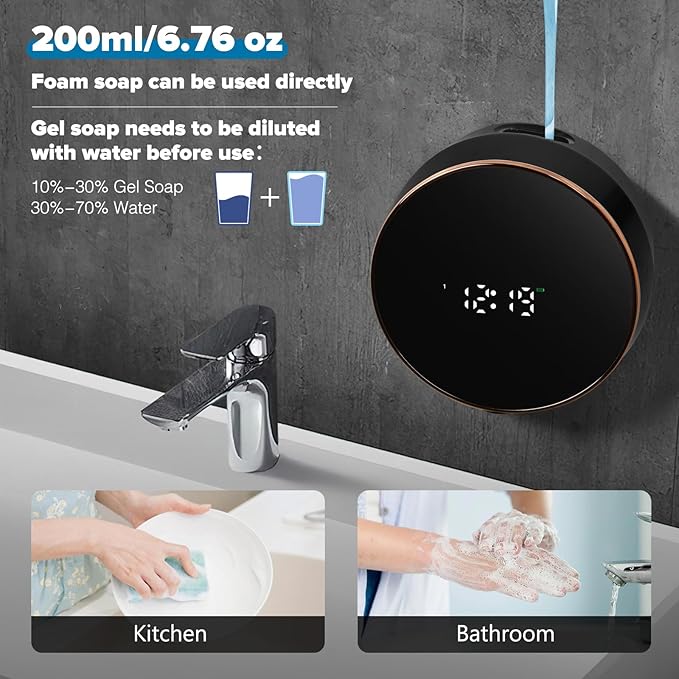 Automatic Soap Dispenser Foam Bathroom: Wall Mount Rechargeable Touchless Adjustable Auto Smart Electric Plastic Black Foaming Soap Dispenser with Clock - Kitchen - Hand Dish Lotion Couple Kids