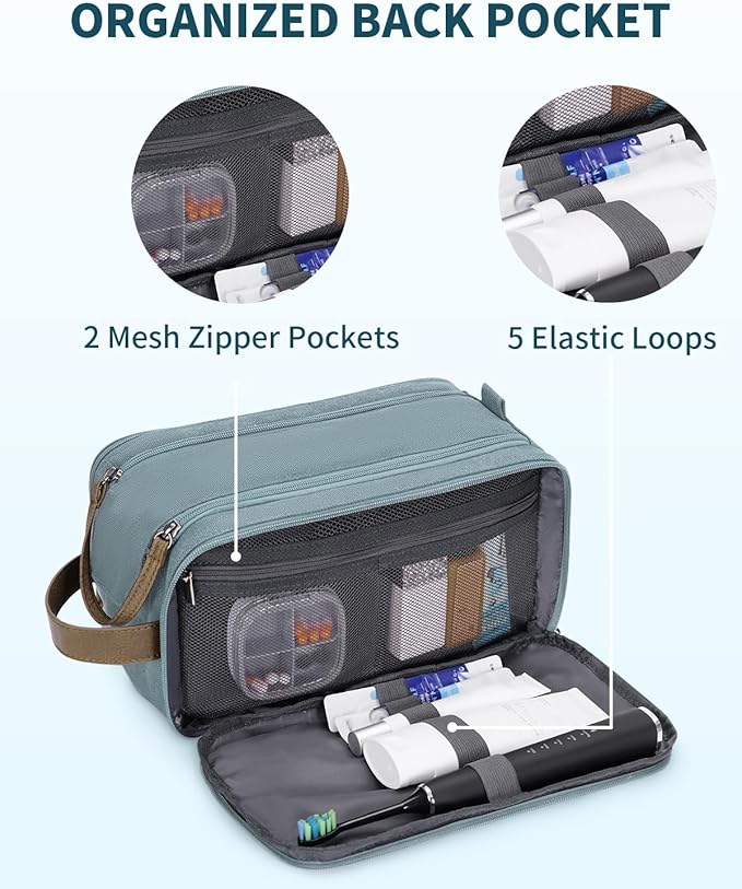WANDF Toiletry Bag for Men Travel Toiletry Organizer Canvas and Leather Dopp Kit Water-Resistant Shaving Bag for Travel Accessories (Pale Blue, Large)