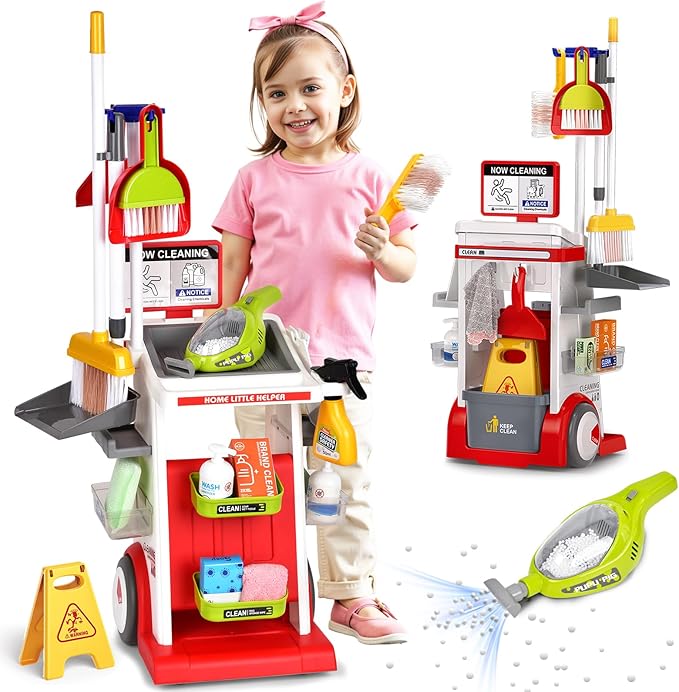 Kids Cleaning Toy Set, Toddler Cleaning Set, Pretend Play Cleaning Toys with Handheld Vacuum That Really Works,Cleaning Supplies,Cleaning Cart for Kids Toddler Christmas Birthday Gift(Red)