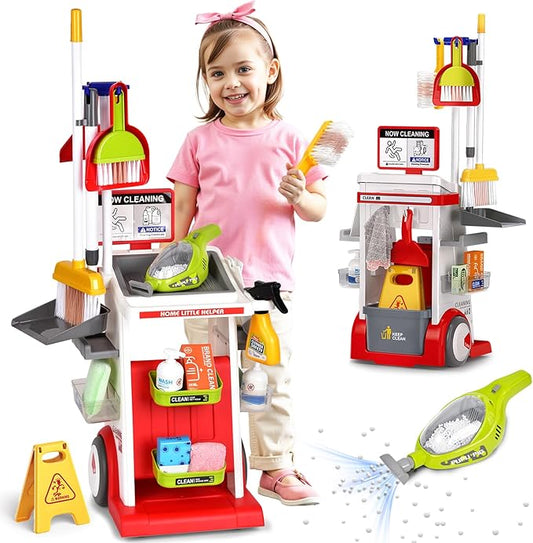 Kids Cleaning Toy Set, Toddler Cleaning Set, Pretend Play Cleaning Toys with Handheld Vacuum That Really Works,Cleaning Supplies,Cleaning Cart for Kids Toddler Christmas Birthday Gift(Red)