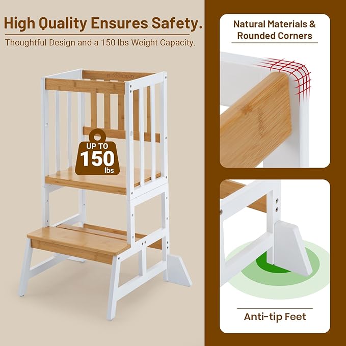 COSYLAND Toddler Standing Tower - Adjustable Height Toddler Kitchen Stool Helper - Kids Kitchen Step Stool for Learning with Removable Safety Railing White & Natural