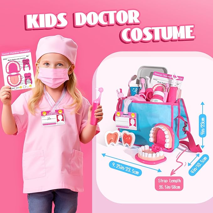 ULOVEME Pink Doctor Kit for Toddlers 3-5 with Costume - Dentist Kit for Kids with Teeth Model /Removable Teeth /Braces /Retainer - Toys for 4 Year Old Girls - Preschool Dramatic Play (Pink)