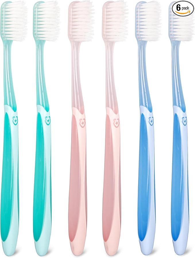 Extra Soft Toothbrush 6-Pack, Regular Head (3 Colors - 2 Each) Dentist-Developed Tapered Bristles for Sensitive Teeth & Gum Care Gentle Cleaning, BPA-Free