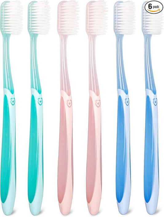 Extra Soft Toothbrush 6-Pack, Regular Head (3 Colors - 2 Each) Dentist-Developed Tapered Bristles for Sensitive Teeth & Gum Care Gentle Cleaning, BPA-Free