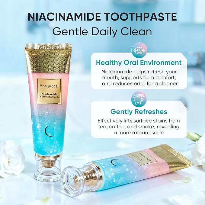 BodyAccel Niacinamide Whitening Toothpaste – Natural Whitening Toothpaste with Niacinamide, Gentle Formula for Brighter Teeth & Fresh Breath, 2-Pack (2)