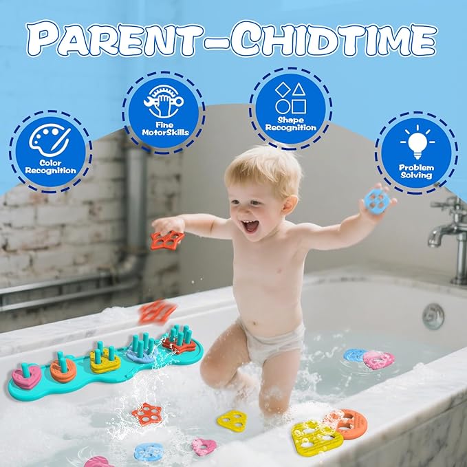 Suction Baby Bath Toys, Mold Free Silcone Shape Sorting & Stacking Bathub Toy, Sensory Toys & Best Gift for Toddlers 3 4 5 Early Learning Bathtub Fun (Geometry)