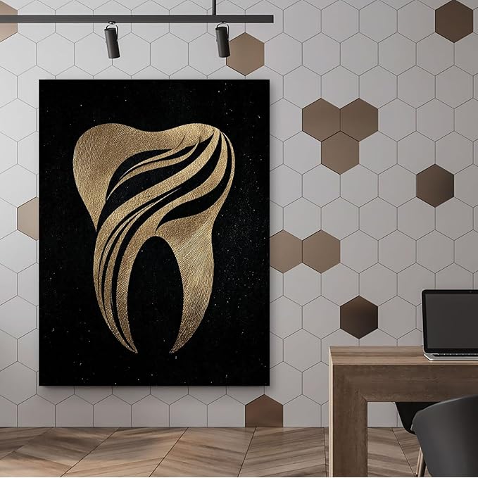 SchindlerBang Dental Painting Art Print,Glamorous Gold Tooth Design,Chic Decor for Celebrity Dentists,Fashionable Clinics,and Stylish Spaces 16x20inch Ready to Hang