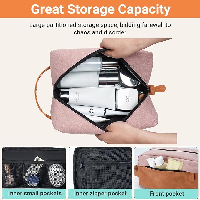 Elviros Travel Toiletry Bag for Men, Hanging Toiletries Bag Water Repellent Dopp Kit PU Leather Travel Bag for Toiletries Accessories, Pink