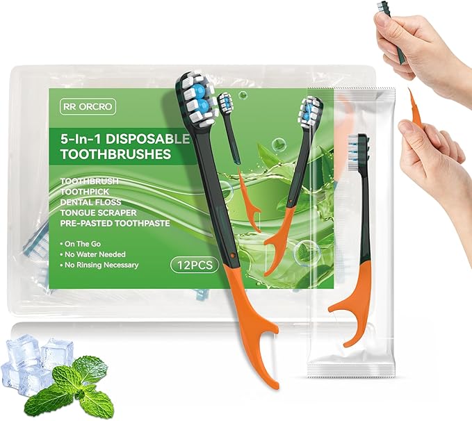 12Pack Disposable Toothbrush with Toothpaste All-in-One Oral Care Prepasted Individually Wrapped 5-in-1 Mini Toothbrush with Toothpick, Flosser, Tongue Cleaner, Perfect for Travel & On-The-Go