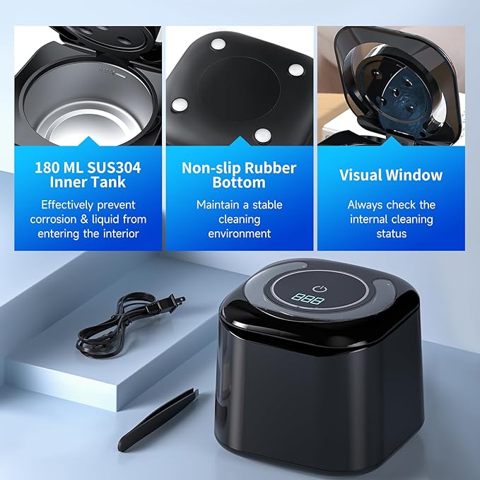 Ultrasonic Retainer Cleaner, 48kHz Retainer Cleaner Machine for Dentures, Night Mouth Guards, Jewelry, Aligner, Braces, 30W Dental Cleaning Pod with Digital Timer, 180ML, Dual Cleaning Mode