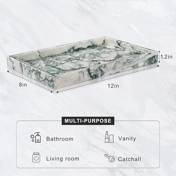Marble Bathroom Tray for Countertop & Home Decor, Natural Decorative Marble Tray for Jewelry & Perfume Organizer, Luxury Stone Vanity Trays for Dresser, Kitchen Counter, 12" x 8", Jade Green