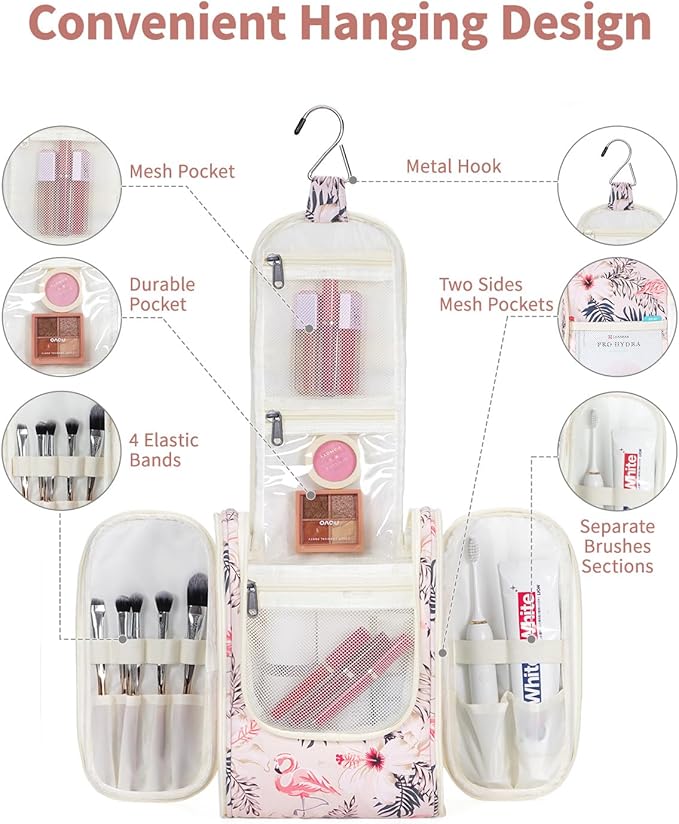 Narwey Small Hanging Toiletry Bag Women Travel Makeup Bag Organizer Toiletries Bag for Travel Size Essentials Accessories Cosmetics(Medium, Beige Bird)