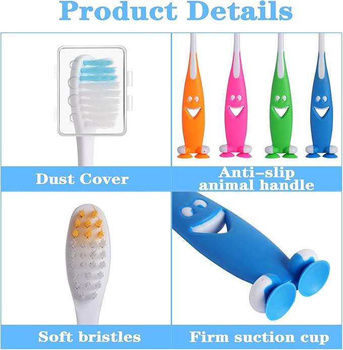 Newday 100 Pack Kids Toothbrush Bulk Soft Bristles Toddler Cute Toothbrush with Suction Cup, Includes Travel Covers, Individually Wrapped Toothbrushes for Kid Home School Daycare Camp (Shark)