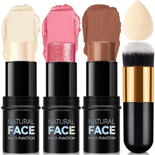 3-in-1 Cream Contour Stick Set - Blush, Bronzer & Highlighter for Cheek Sculpting - Long Lasting, Waterproof - Light (1+3+4)