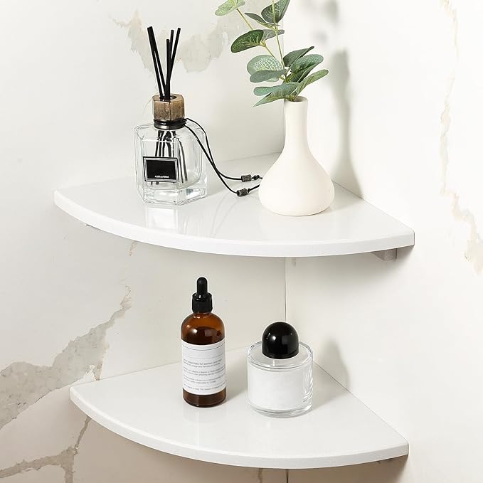 Koville 2 Pcs White Marble Corner Shower Shelf for Bathroom, 10'' Polished Marble Corner Shelves for Bath, Wall Mounted Stone Corner Shower Caddy, No Drilling Adhesive Shower Shelf