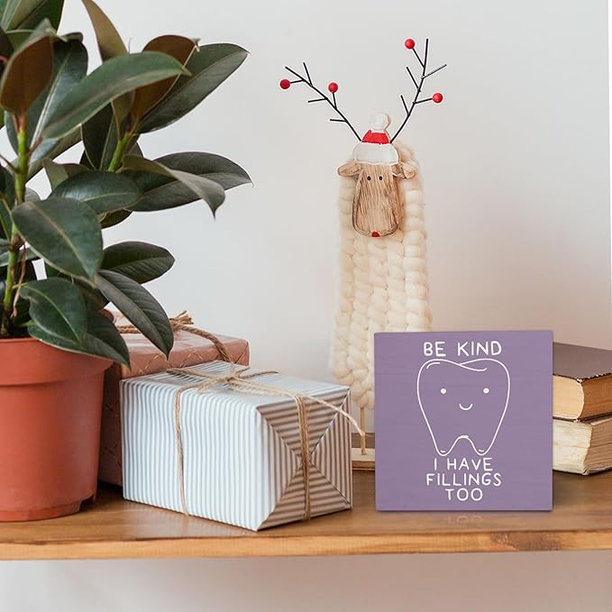 Dental Decor Wooden Signs,Purple Dental Hygienist Wooden Box Sign,Funny Dentist For Home Office Shelf Table Decor 5x5 Inches,Dental School Gift, Dentist Gifts