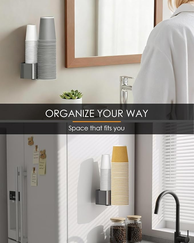 2 Pack Cup Dispenser 2 Seats | Fits 2-16 oz Paper/Plastic Cups, Magnetic & Adhesive Mount, Water Dispenser Cup Holder for Water Cooler, Coffee Station, Office, Bathroom & Wall