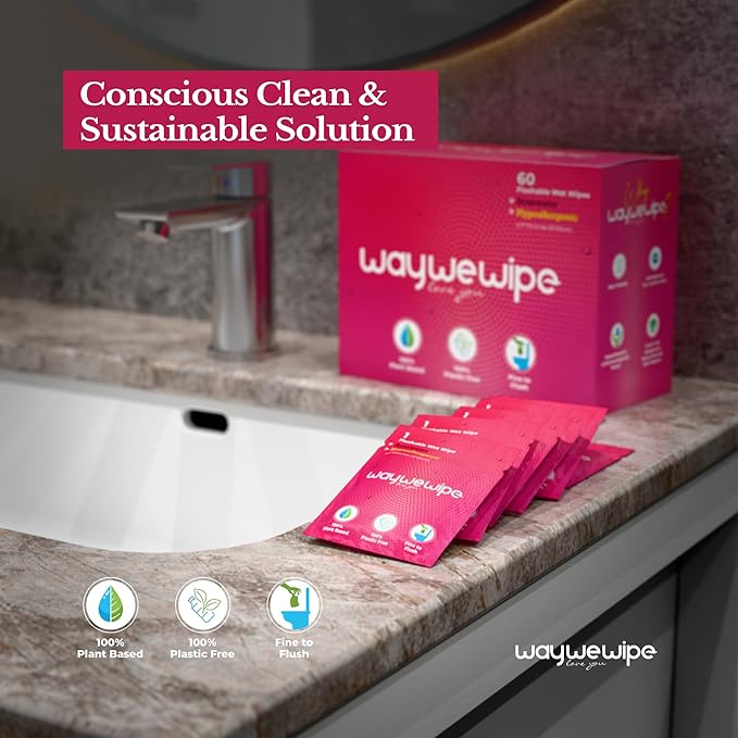 On-The-Go Flushable Feminine Wet Wipes, 60 Count XL Individually Wrapped Female Wipes, Hypoallergenic 100% Plant Based Septic Safe, Travel Size Adult Cleansing Cloth for Women, Rosewater