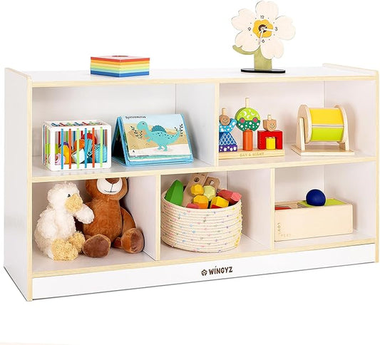 Toy Storage Organizer for Kids, 5-Compartment Wooden Storage Cabinet, Children Bookcase and Montessori Bookshelf, Book Shelf for Kids Room, Playroom, Living Room, Nursery, Classroom 24'' H(White)