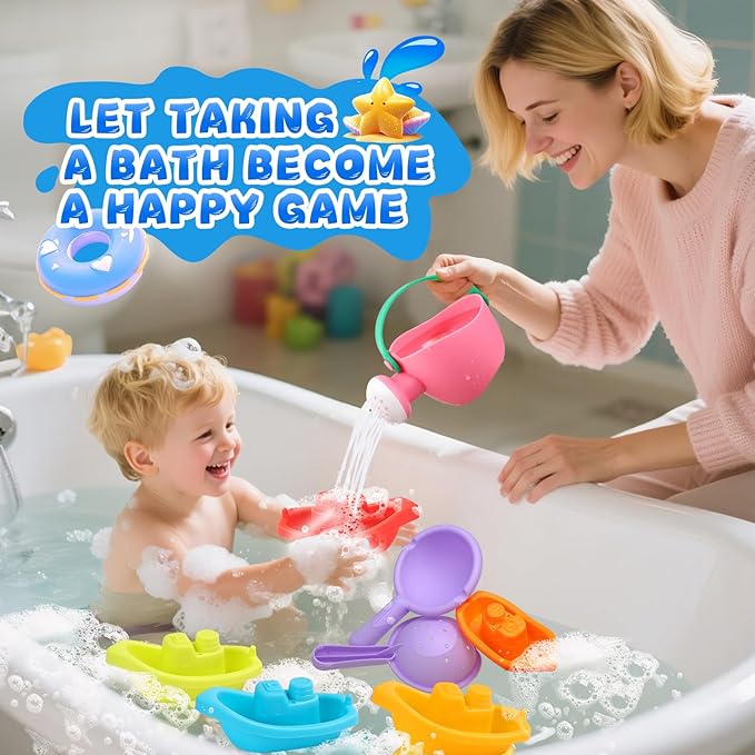 Baby Bath Toys for Kids Ages 1-3 8PCS Toddler Bath Toys Mold Free and 1PCS Toy Storage Net Bag Bathtub Shower Floating Water Toys for 6 Months Up Boy Girl Gifts (Color Random)