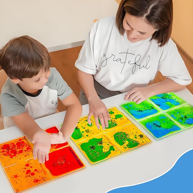 Liquid Sensory Soft Gel Tiles - 12" x 12" Square Multicolor Sensory Toys - Set of 9, Water Sensory Toys for Nurseries, Playrooms, Toddlers and Kids with Autism.
