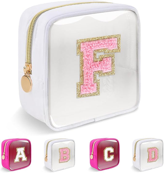 Personalized Initial Letter Clear Preppy Makeup Bag,Mini Nylon Chenille Letter Cosmetic Bag Cute Zipper Pouch Purse for Teen Girls,Portable TSA Approved Beach Travel Essentials Bag Gift for Women,F