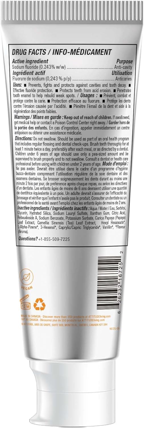 ATTITUDE Toothpaste with Fluoride, Prevents Tooth Decay and Cavities, Vegan, Cruelty-Free and Sugar-Free, Mango, 4.2 Oz
