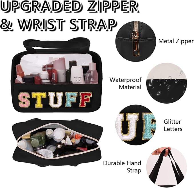 Chenille Letter Patch Stuff Bag, Preppy Clear Makeup Cosmetic Bag Large Toiletry Storage Tote Bag with Handle, Transparent Nylon Waterproof Organizer Zipper Pouch for Travel Women Girls(Black)