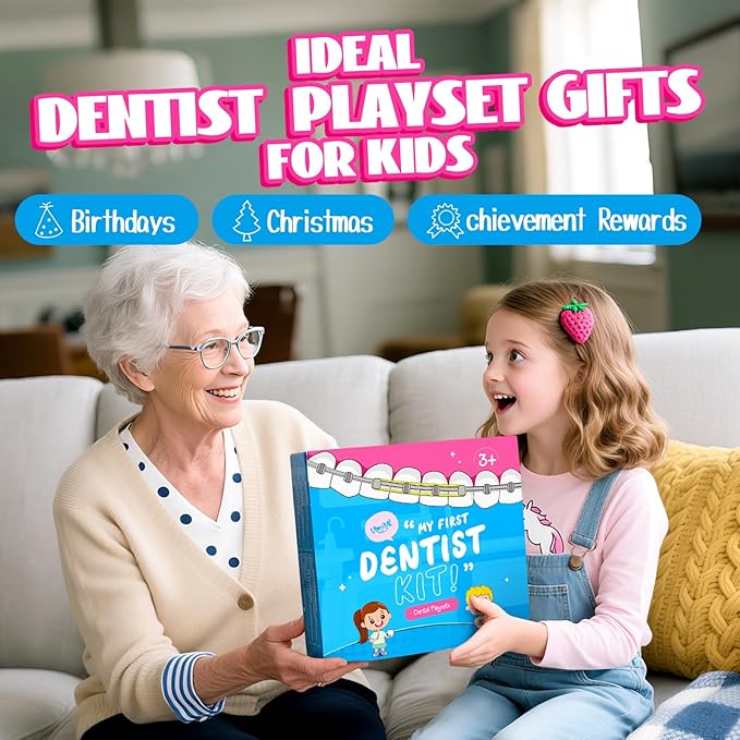 ULOVEME Kids Dentist Play Set Pink with Braces /Removable Teeth /Retainer - Doctor Kit for Toddlers 3-5 - Educational Toys for 4+ Year Old Girls - Pretend Play Toy for Ages 5-7 (Fushia)