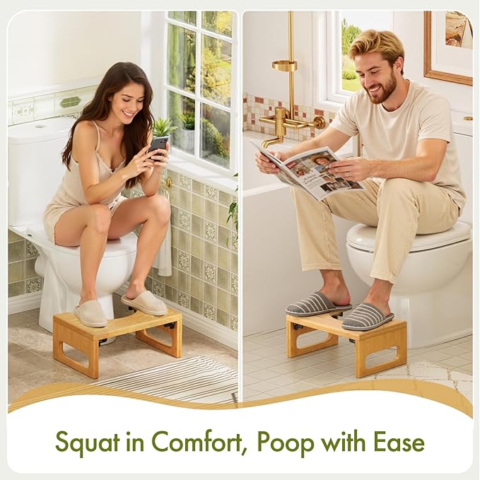 AmazerBath 7 Inches Bamboo Toilet Stool, Foldable Squat Potty Stool for Adults, Non-Slip Poop Stools for Bathroom, 0.79" Thickness Pooping Step Foot Stools for Kids, Natural Color