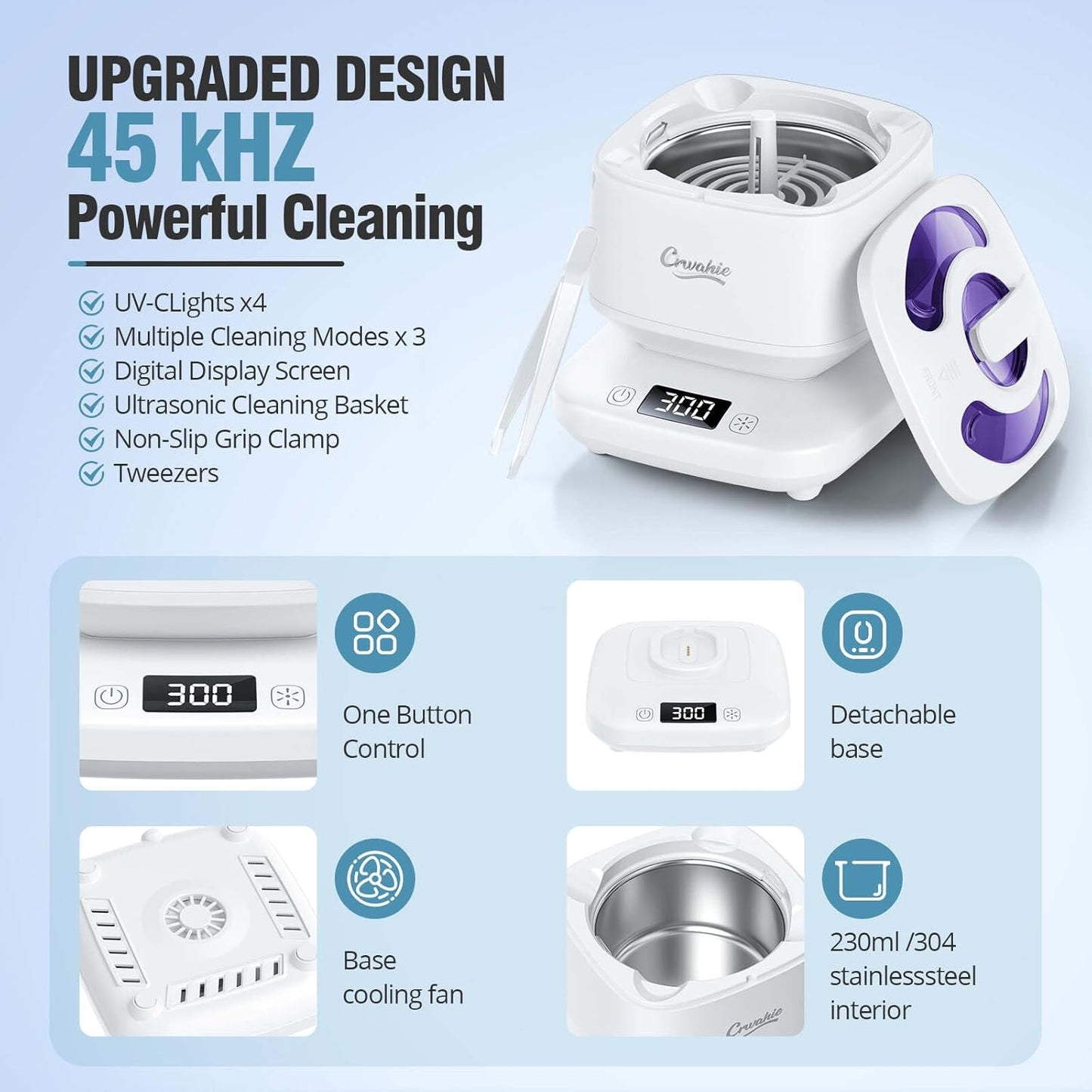 Ultrasonic Retainer Cleaner, Detachable 45kHz Retainer Cleaner Machine 3 Modes Dental Cleaning Pod with Visible Window Digital Timer for Mouth Guard, Dentures, Aligner, Braces, Jewelry - White