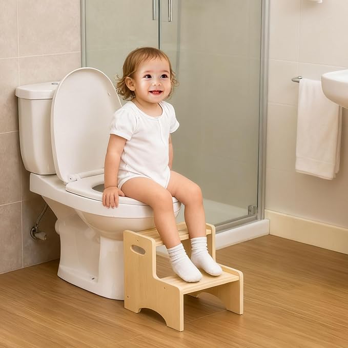 Wooden Toddler Step Stool for Kids, Two Step Stool with Non-Slip Pads & Handles, Potty Training Stool for Bathroom Sink, Toilet, Kitchen, Bedroom (Natural)