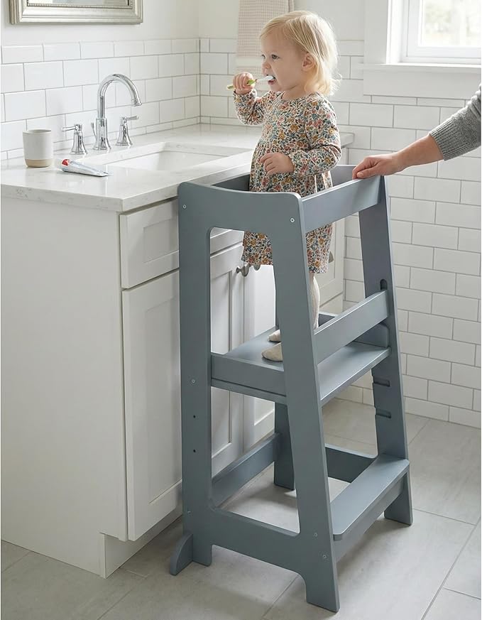 Stepup Baby Toddler Step Stool - Adjustable Height Kids Helper Step Stool, Durable, Non-Slip and Bathroom Sink, Platform for Kitchen, Toddler Tower for Exploration and Growth - Grey