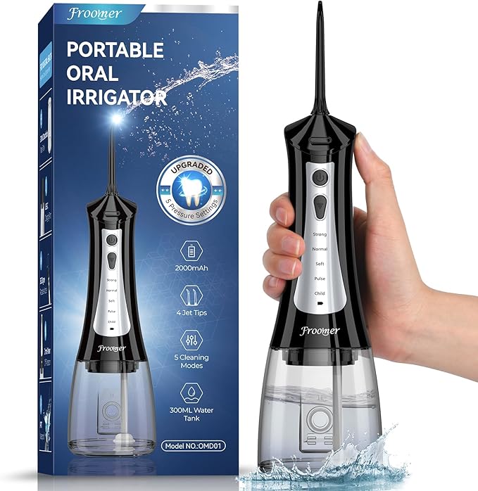Froomer Water Flosser，Water Dental Forsser for Teeth Clean, 5Modes 4 Jet Tips,Rechargeable Portable Water Flossers for Teeth,300ML Tanks for Travel Friendly(Black