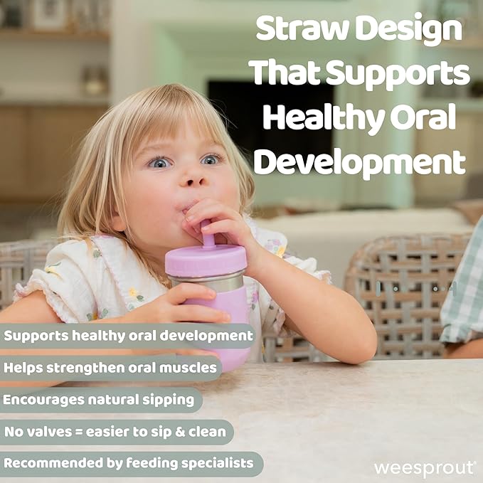 WeeSprout 2-in-1 Drinking Cups for Kids, Durable Stainless Steel Tumbler for Smoothies, Silicone Straws with Stoppers, Premium Plastic Twist Lids, Easy-Grip Sleeves, Set of 4 Dishwasher Safe Kid Cups
