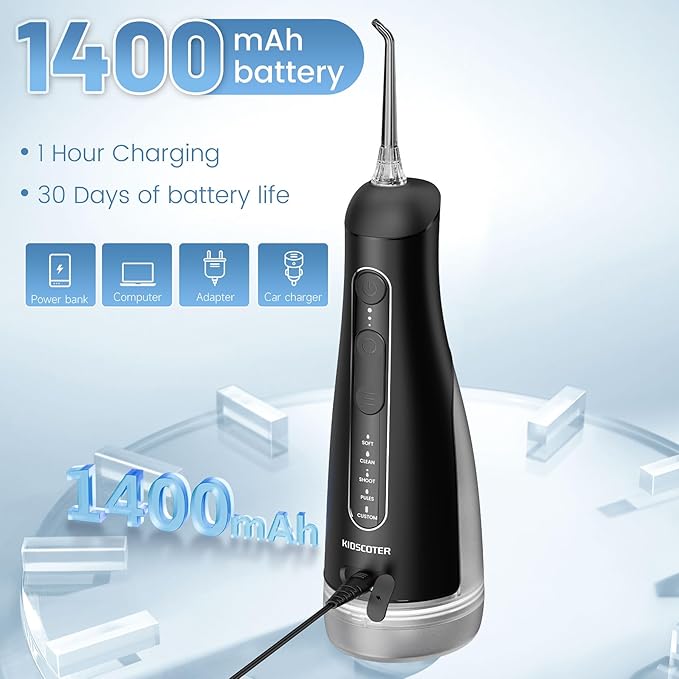 Water Flosser for Teeth with Detachable Washable Tank, 5 Modes Rechargeable Cordless Oral Irrigator, 300ml Portable Dental Flosser, IPX7 Waterproof for Home & Travel, Black
