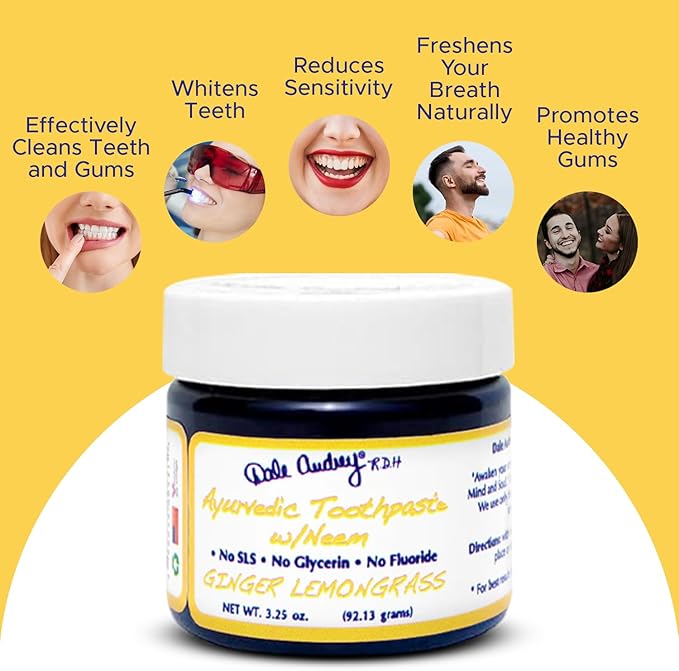 Dale Audrey Ayurvedic Minerlizing Tooth Paste for Sensitive Teeth | Organic Ginger Lemongrass Flavor Teeth Whitening and Fresh Breath | Natural Toothpaste, Vegan (3.25 Oz, 3 Pack)