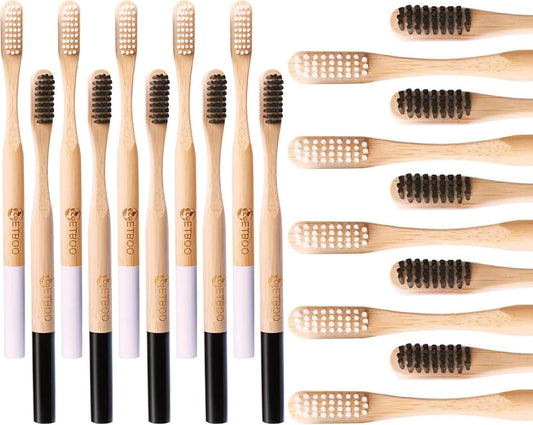 Bamboo Toothbrushes Hard Bristles for Adults 20 Pack, Wooden Toothbrush Family Set Natural Organic Tooth Brush (Black White 20p)
