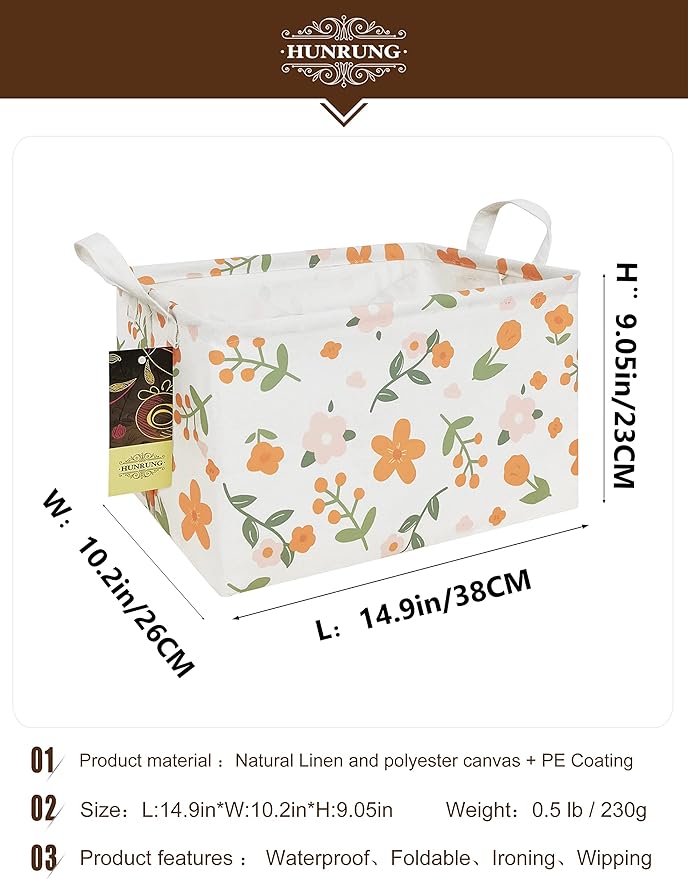HUNRUNG Rectangle Storage Basket Cute Canvas Organizer Bin for Pet/Children Toys, Books, Clothes Perfect for Rooms/Playroom(Rec-Orange Flower)