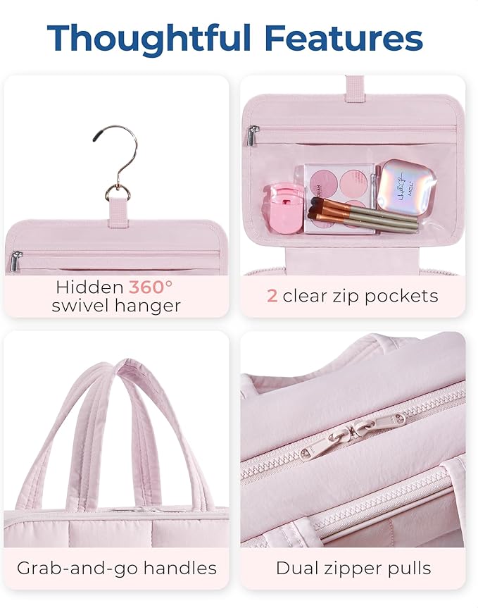 BAGSMART Travel Toiletry Bag with Jewelry Organizer, Hanging Travel Bag for Toiletries, Puffy Makeup Cosmetic Bag Organizer, Carry-on Travel Accessories Essentials, Pink-L