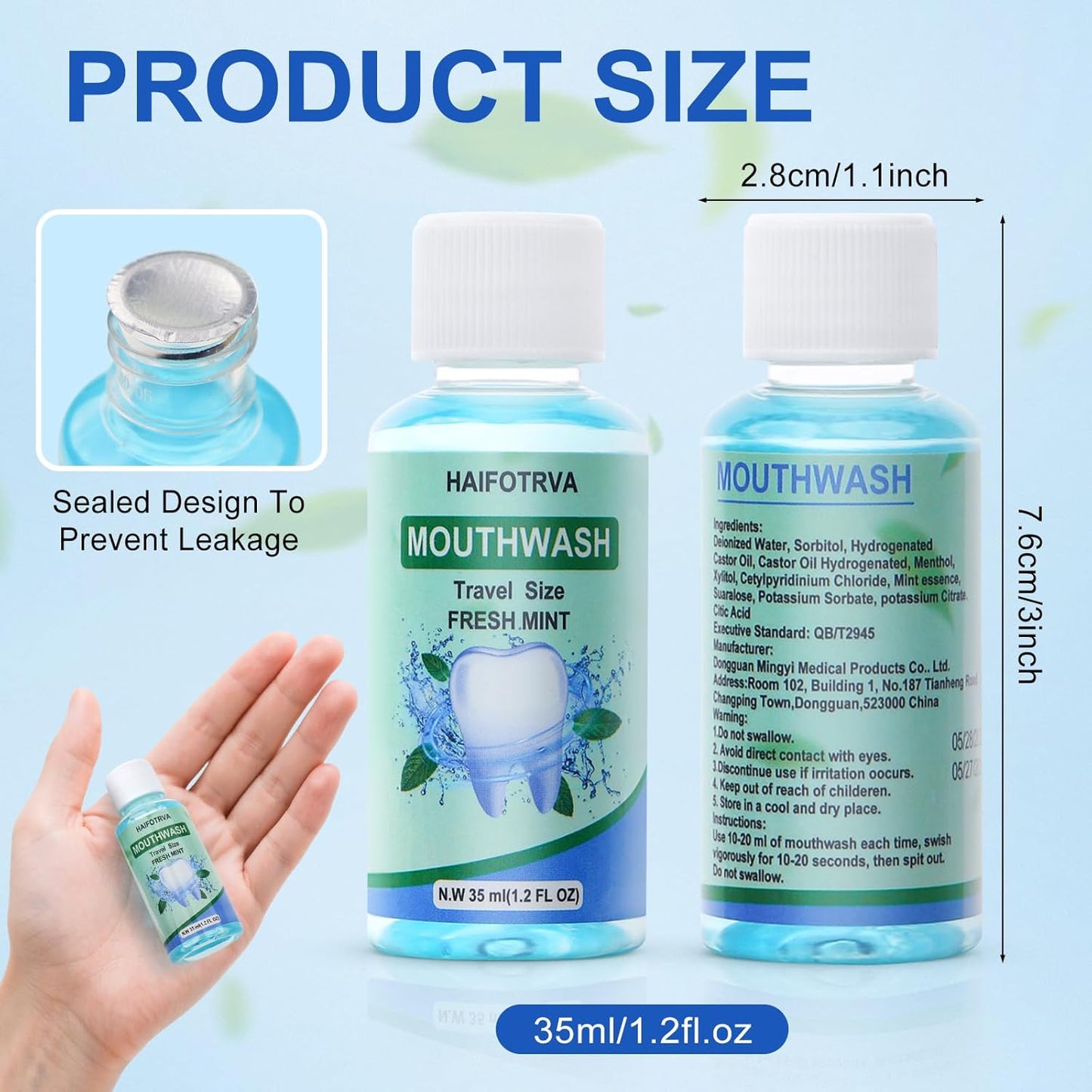 50 Pcs Mini Mouthwash Travel Size Bulk,Blue Portable Mint Flavor Mini Mouthwash Individual 35ml/1.2oz On The Go Mouth Wash Small Bottle for Travel,Office,Toiletry Kits